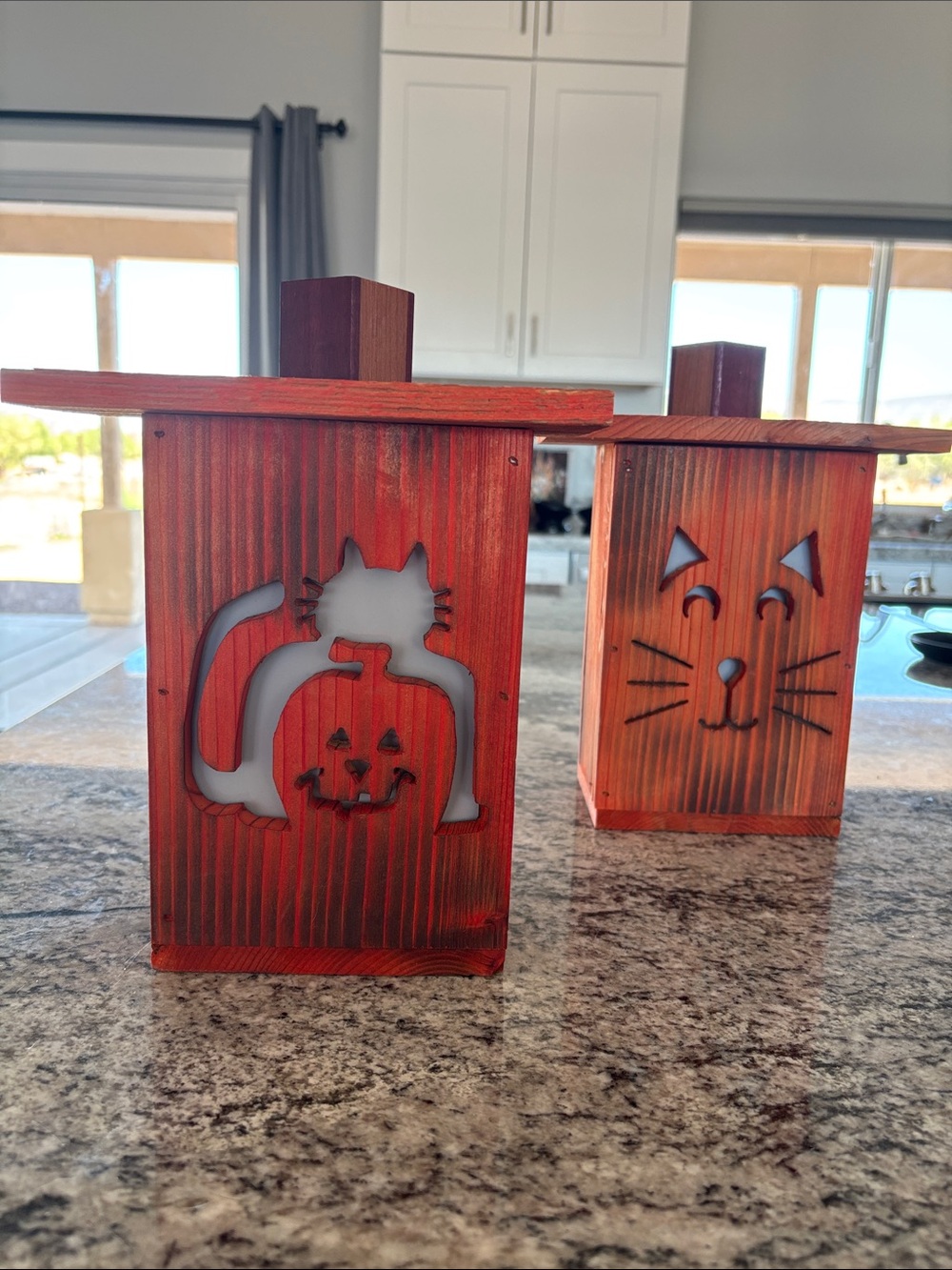 Handcrafted Orange Cat Lantern with Pumpkin Cutout - Home Accent
